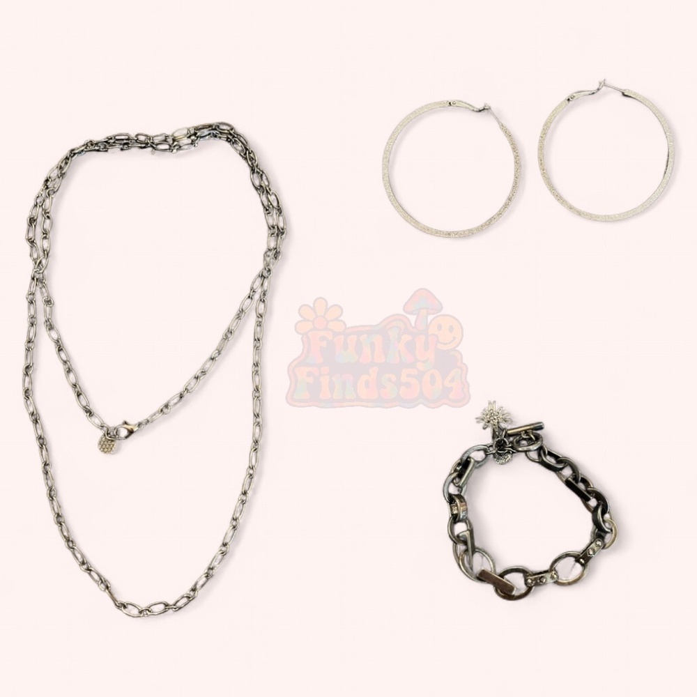 Marlyn Schiff NWOT Jewelry Set – Black Chain Necklace, Bracelet & Silver Hoops